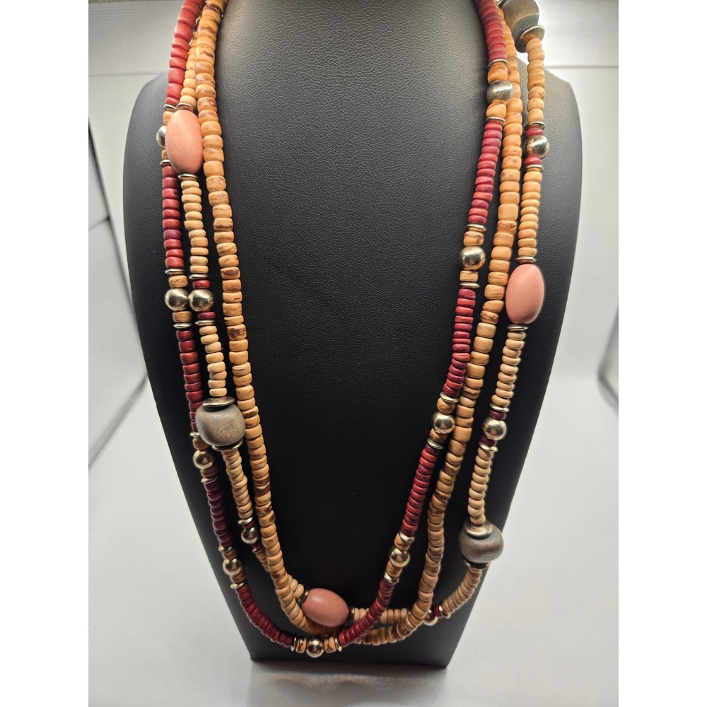 Boho Multi Strand Wood Bead Necklace Red Natural Silver Tone Layered Statement